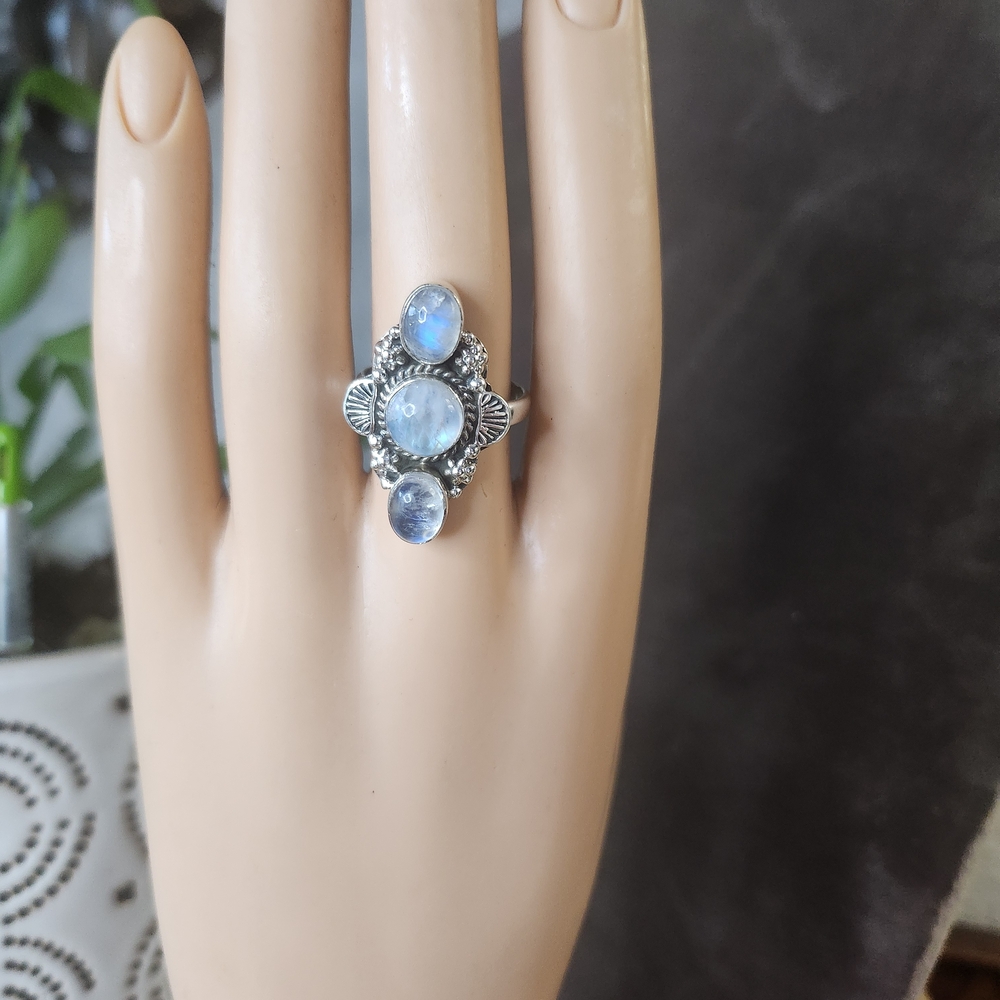Triple Rainbow Moonstone Sterling Silver Ring Size 8 Boho Statement